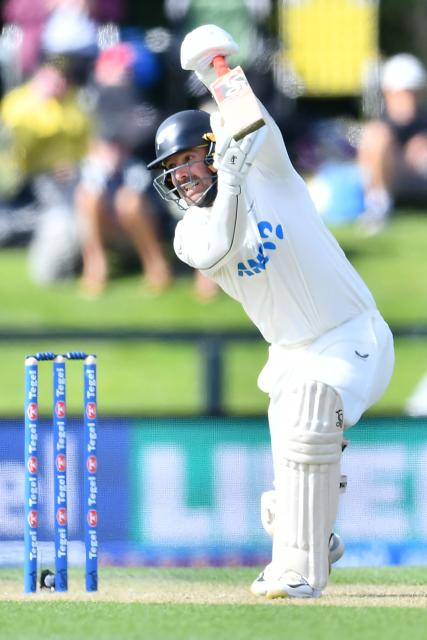 New Zealand's Tom Blundell bats during day one of the first Test cricket match between New Zealand and West Indies at Hagley Oval in Christchurch on December 2, 2025. (Photo by Sanka Vidanagama / AFP)