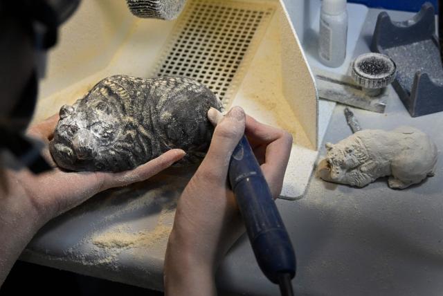 A craftsman carves a bear from a piece of amber at Kaliningrad Amber Combine in the village of Yantarny (former German Palmniken), some 40 kms from Kaliningrad on October 16, 2025. The Russian enclave of Kaliningrad, former German Koenigsberg, about half the size of Belgium, is separated from the rest of Russia by Poland and Lithuania. Founded in 1255, once the home of the kings of Prussia and forever associated with the 18th-century philosopher Immanuel Kant, Kaliningrad is home to around one million people comprising 80 nationalities, although the Russian community (80 percent) is by far the largest. The territory's effective separation from Russia dates back to the break-up of the Soviet Union in 1991. As a key military installation on the Baltic, the city and the port were closed off to non-Soviet citizens until 1991. In 1992 it became a free-trade zone, and in 1996 a special economic zone, acquiring privileges with relation to foreign investors. The enclave retains its strategic importance, both as the port for Russian missile-equipped submarines and as a base for the 11th army. The Kaliningrad Amber Combine produces 90% of the world's amber. (Photo by Alexander NEMENOV / AFP)