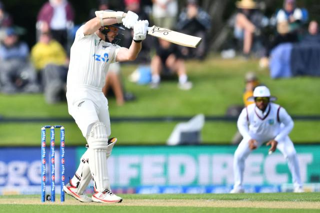 New Zealand's Michael Bracewell bats during day one of the first Test cricket match between New Zealand and West Indies at Hagley Oval in Christchurch on December 2, 2025. (Photo by Sanka Vidanagama / AFP)
