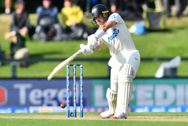 New Zealand's Nathan Smith bats during day one of the first Test cricket match between New Zealand and West Indies at Hagley Oval in Christchurch on December 2, 2025. (Photo by Sanka Vidanagama / AFP)
