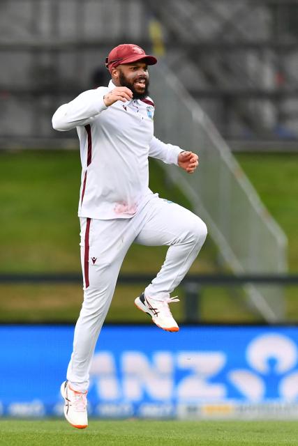 West Indies' John Campbell reacts after one of his teammate dropped a catch during day one of the first Test cricket match between New Zealand and West Indies at Hagley Oval in Christchurch on December 2, 2025. (Photo by Sanka Vidanagama / AFP)