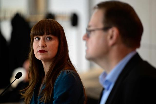 Parliamentary group co-leaders of Germany's left-wing Die Linke party Heidi Reichinnek (L) and Soeren Pellmann address journalists on the sidelines of a parliamentary group meeting of their party, on December 2, 2025 in Berlin, Germany. (Photo by John MACDOUGALL / AFP)
