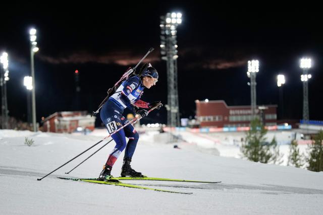 France's Camille Bened skis during the women's 15km individual event of the IBU Biathlon World Cup in Oestersund, Sweden, on December 2, 2025. (Photo by Bjorn LARSSON ROSVALL / TT NEWS AGENCY / AFP) / Sweden OUT