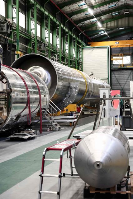 This photograph shows prototypes of a partially reusable light space launcher at the MaiaSpace aerospace company's facilities in Vernon, northwestern France on December 2, 2025. (Photo by Thibaud MORITZ / AFP)