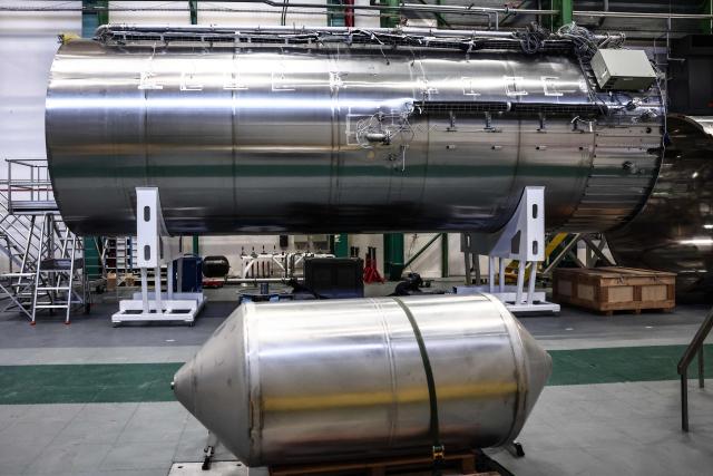 This photograph shows prototypes of a partially reusable light space launcher at the MaiaSpace aerospace company's facilities in Vernon, northwestern France on December 2, 2025. (Photo by Thibaud MORITZ / AFP)