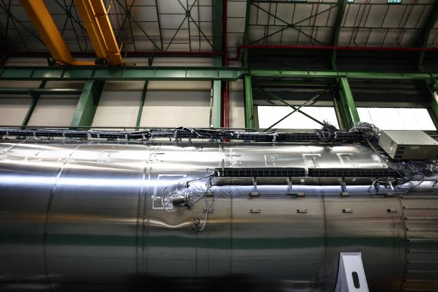 This photograph shows prototypes of a partially reusable light space launcher at the MaiaSpace aerospace company's facilities in Vernon, northwestern France on December 2, 2025. (Photo by Thibaud MORITZ / AFP)