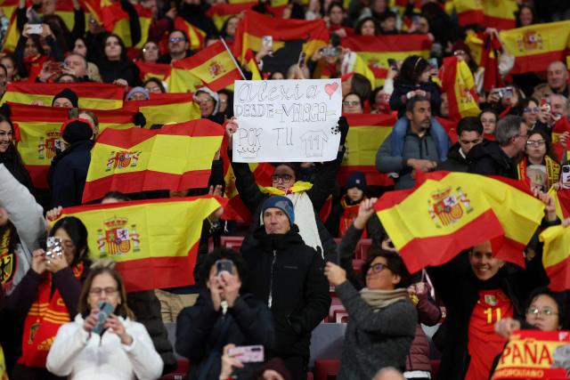 Spain's fans cheer prior the UEFA Women's Nations League second leg final football match between Spain and Germany at the Metropolitano Stadium in Madrid on December 2, 2025. (Photo by Thomas COEX / AFP)