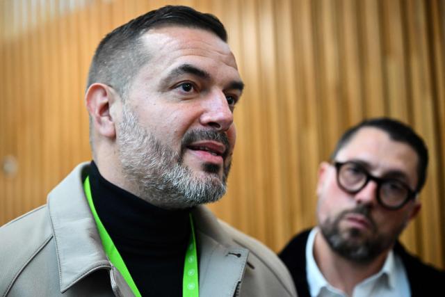 (FILES) Ex-husband of Maylis Daubon, Yannick Reverdy speaks to press outside the courtroom of the Assize Court of the Landes department, in Mont-de-Marsan, in southwestern France, on November 24, 2025, during the trial of Maylis Daubon, charged with poisoning her two daughters, one of whom died. The trial of Maylis Daubon, 53, accused of poisoning her two daughters, one of whom died, by drugging them, then attempting to have their father murdered from prison, is expected to conclude on December 3, 2025. Maylis Daubon has maintained since her indictment and imprisonment in January 2022 that her eldest daughter, who died at the age of 18, committed suicide. (Photo by Gaizka IROZ / AFP)