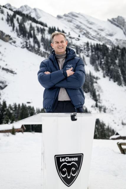 Edgar Gropiron, former Olympic skiing champion and President of the Coordination Committee for the 2030 Winter Olympics, reacts during a visit to Les Confins site in La Clusaz, central eastern France, on November 2, 2025, which is set to host the cross-country skiing competitions during the Winter Olympics in the French Alps in 2030. (Photo by ARNAUD FINISTRE / AFP)