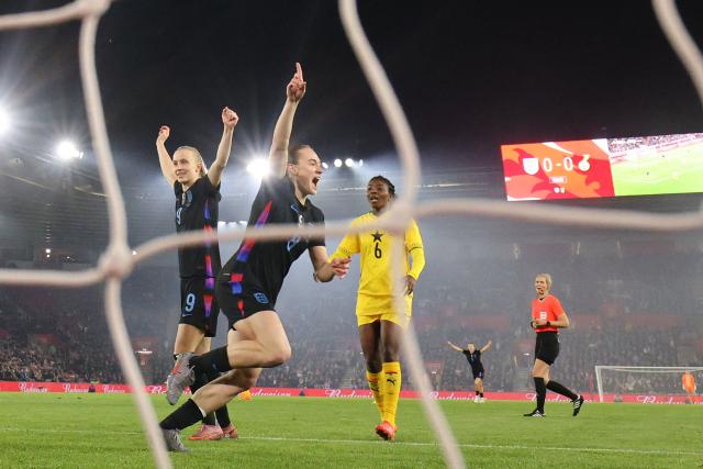England's midfielder #08 Lucia Kendall (2L) celebrates after scoring the opening goal during the women's International football friendly match between England and Ghana at St Mary's Stadium in Southampton, southern England on December 2, 2025. (Photo by Adrian DENNIS / AFP)