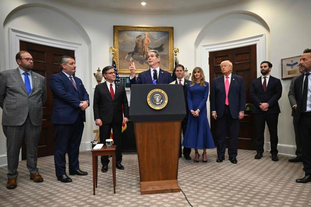 US Secretary of Treasury Scott Bassent (C) speaks during an announcement of a $6.25 billion donation from the Dell family to “Trump Accounts,” in the Roosevelt Room of the White House in Washington, DC on December 2, 2025. The donation will be intended to fund investment accounts for at least 25 million American children. (Photo by ANDREW CABALLERO-REYNOLDS / AFP)