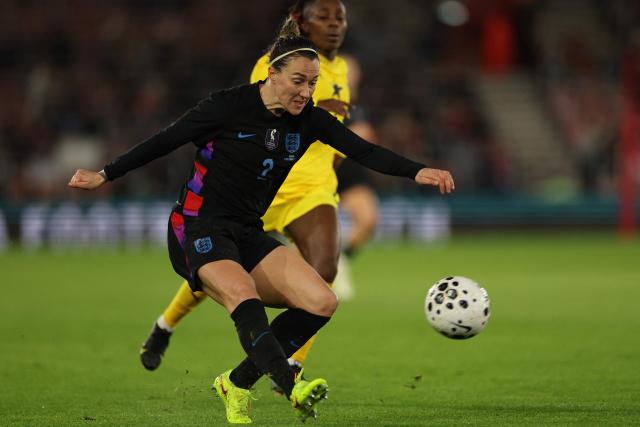England's defender #02 Lucy Bronze crosses the ball during the women's International football friendly match between England and Ghana at St Mary's Stadium in Southampton, southern England on December 2, 2025. (Photo by Adrian Dennis / AFP)