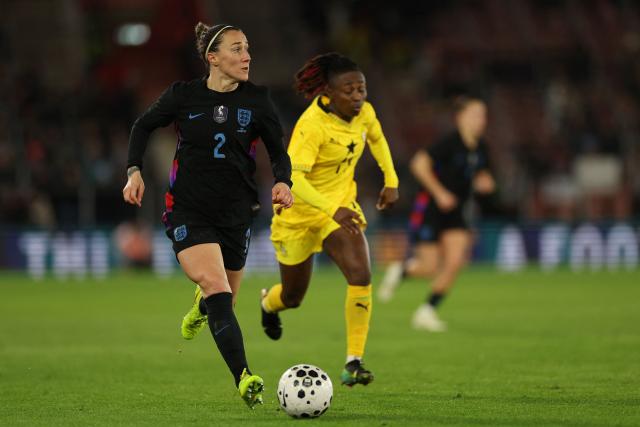 England's defender #02 Lucy Bronze runs with the ball during the women's International football friendly match between England and Ghana at St Mary's Stadium in Southampton, southern England on December 2, 2025. (Photo by Adrian Dennis / AFP)