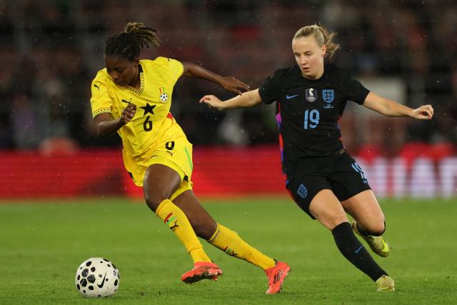 Ghana's midfielder #06 Jennifer Cudjoe (L) vies with England's striker #19 Beth Mead (R) during the women's International football friendly match between England and Ghana at St Mary's Stadium in Southampton, southern England on December 2, 2025. (Photo by Adrian Dennis / AFP)