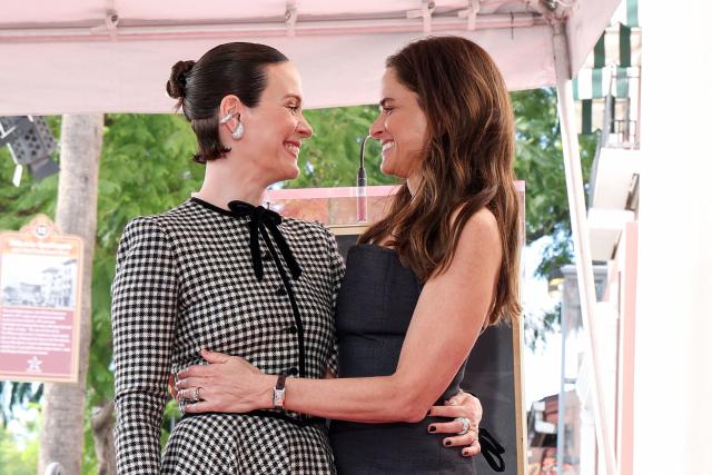 US actress Sarah Paulson (L) and US actress Amanda Peet attend Paulson's Hollywood Walk of Fame Star ceremony in Hollywood on December 2, 2025. (Photo by VALERIE MACON / AFP)