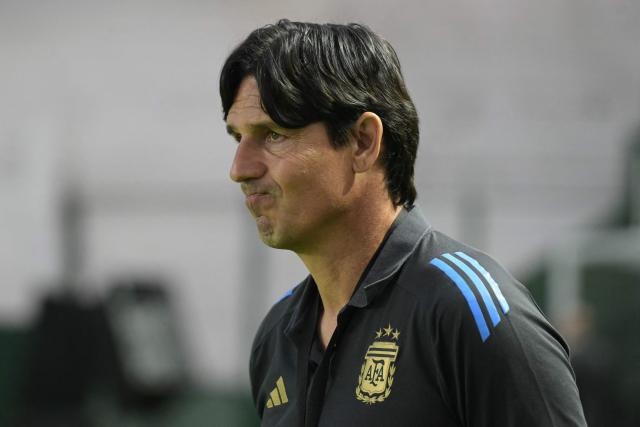 Argentina's head coach German Portanova gestures during the Conmebol Women's Nations League 2025-26 football match between Argentina and Bolivia at the Florencio Sola Stadium in Banfield, Buenos Aires province on December 2, 2025. (Photo by JUAN MABROMATA / AFP)