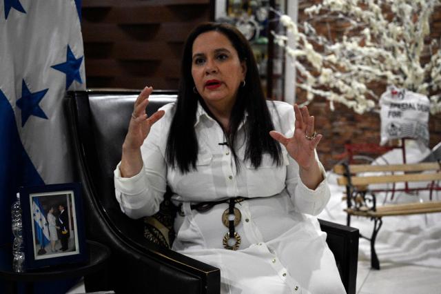 Ana Garcia de Hernandez, wife of former Honduras President Juan Orlando Hernandez, speaks during an interview with AFP in Tegucigalpa on December 2, 2025. Fallen from grace with his former ally, the United States, which sentenced him to 45 years in prison last year, Juan Orlando Hernandez left prison on December 1 amid strong pressure from President Donald Trump over Honduras' presidential elections. (Photo by Orlando SIERRA / AFP)