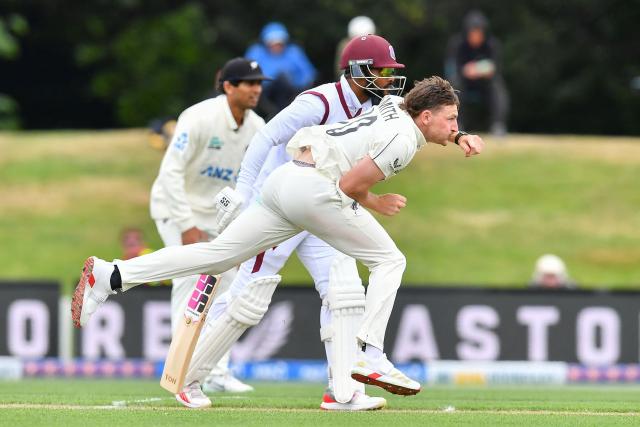 New Zealand's Nathan Smith bowls on day two of the first Test cricket match between New Zealand and West Indies at Hagley Oval in Christchurch on December 3, 2025. (Photo by Sanka Vidanagama / AFP)
