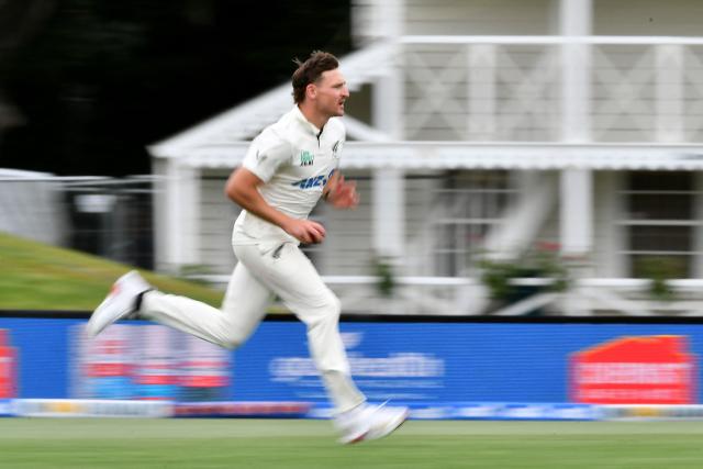 New Zealand's Nathan Smith bowls on day two of the first Test cricket match between New Zealand and West Indies at Hagley Oval in Christchurch on December 3, 2025. (Photo by Sanka Vidanagama / AFP)