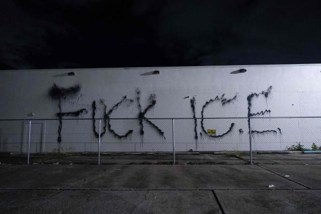 An anti-ICE graffiti is seen on a wall in New Orleans, Louisiana, on December 2, 2025. According to US media reports, US Immigration and Customs Enforcement (ICE) and US Customs and Border Patrol are expected to begin a large-scale immigration enforcement operation known as "Swamp Sweep" in Southern Louisiana and Mississippi. (Photo by Adam GRAY / AFP)