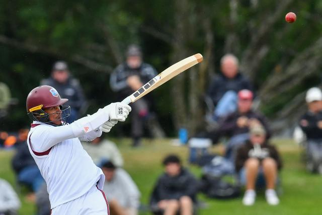 West Indies' Tevin Imlach bats during day two of the first Test cricket match between New Zealand and West Indies at Hagley Oval in Christchurch on December 3, 2025. (Photo by Sanka Vidanagama / AFP)