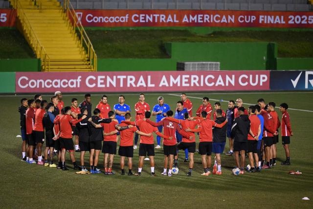 Xelaju players gather during a training session at Cementos Progreso Stadium in Guatemala City on December 2, 2025. (Photo by Johan ORDONEZ / AFP)