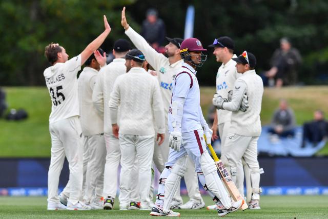 West Indies' Tagenarine Chanderpaul walks back to the pavilion after his dismissal during day two of the first Test cricket match between New Zealand and West Indies at Hagley Oval in Christchurch on December 3, 2025. (Photo by Sanka Vidanagama / AFP)