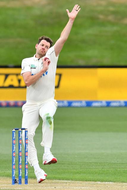 New Zealand's Jacob Duffy bowls during day two of the first Test cricket match between New Zealand and West Indies at Hagley Oval in Christchurch on December 3, 2025. (Photo by Sanka Vidanagama / AFP)