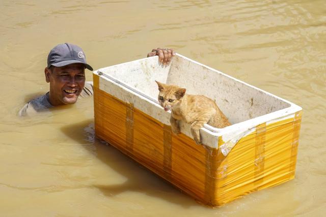 A man wades through neck-deep floodwaters with a rescued cat in a styrofoam box in Kuala Simpang village in Aceh Tamiang, North Sumatra on November 30, 2025. Officials in Indonesia and Sri Lanka battled December 3 to reach survivors of deadly flooding in remote, cut-off regions as the toll in the disaster that hit four countries topped 1,300. (Photo by IWAN GUNADI BATUBARA / AFP)