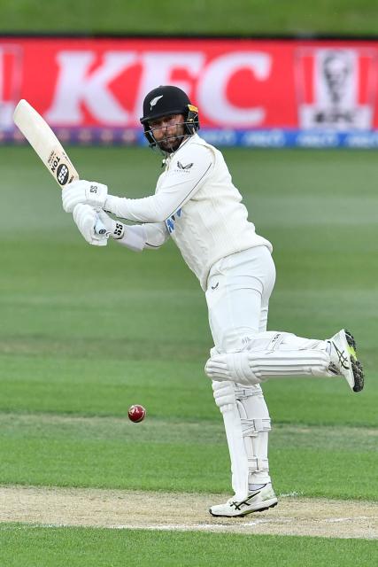 New Zealand's Devon Conway bats during day two of the first Test cricket match between New Zealand and West Indies at Hagley Oval in Christchurch on December 3, 2025. (Photo by Sanka Vidanagama / AFP)