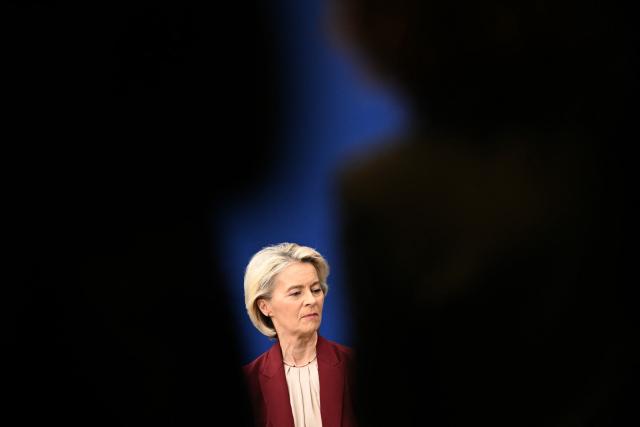 European Commission President Ursula Von der Leyen attends a press confrence during the meeting of NATO Ministers of Foreign Affairs at NATO headquarters in Brussels on December 3, 2025. (Photo by NICOLAS TUCAT / AFP)