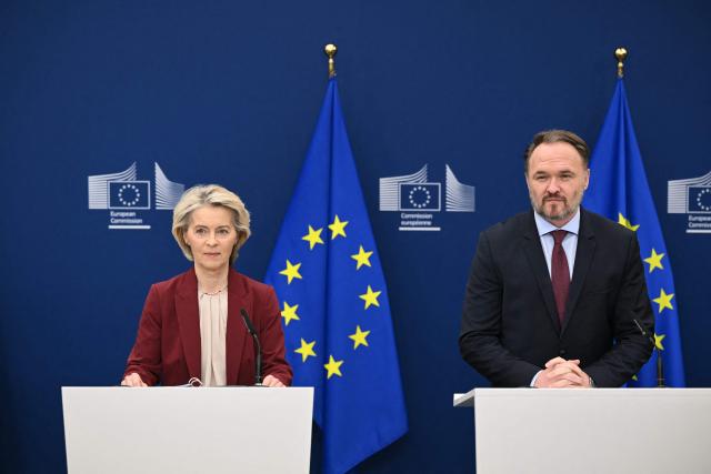 European Commission President Ursula Von der Leyen and EU Commissioner for Energy and Housing Dan Jorgensen attend a press confrence in Brussels on December 3, 2025. (Photo by NICOLAS TUCAT / AFP)
