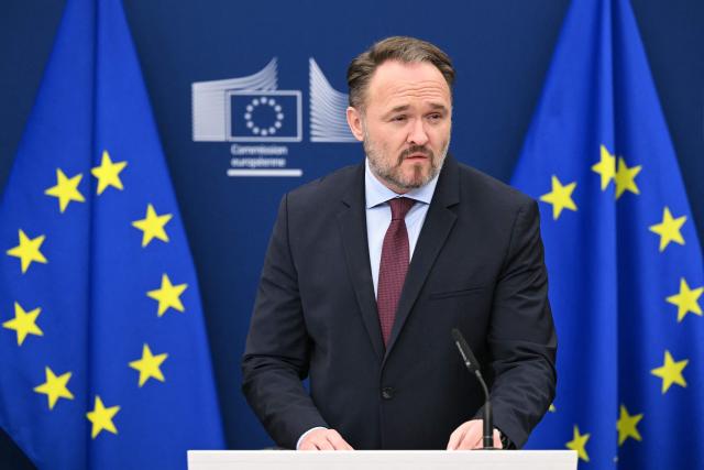 EU Commissioner for Energy and Housing Dan Jorgensen attends a joint a press confrence with European Commission Presidentin and International Energy Agency (IEA) Executive Director in Brussels on December 3, 2025. (Photo by NICOLAS TUCAT / AFP)