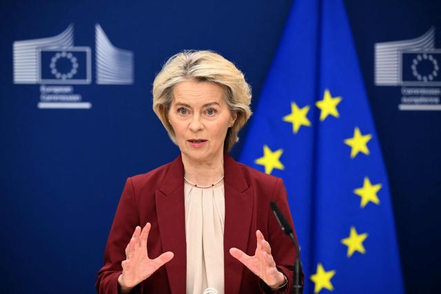 (FILES) European Commission President Ursula Von der Leyen attends a press confrence in Brussels on December 3, 2025. EU chief Ursula von der Leyen said on December 3, 2025, the bloc was entering a "new era" without Russian fossil fuels, after a deal to ban all imports of Russian gas by autumn 2027. (Photo by NICOLAS TUCAT / AFP)