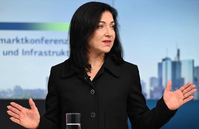 German Economy and Energy Minister Katherina Reiche speaks during the "Capital Markets Conference on Energy Transition and Infrastructure for Germany" on December 3, 2025 in Frankfurt am Main, western Germany. (Photo by Kirill KUDRYAVTSEV / AFP)
