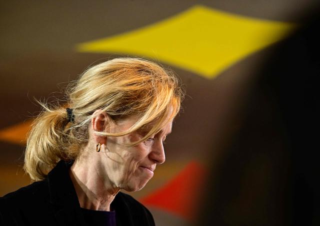 German Minister for Education, Family, Senior Citizens, Women and Youth Karin Prien to attend the weekly meeting of the German cabinet on December 3, 2025 at the Chancellery in Berlin. (Photo by Tobias SCHWARZ / AFP)