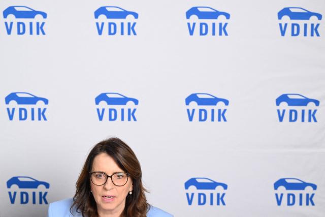 President of German Automobile Association VDIK Imelda Labbe attends the Annual Conference of the German Automobile Association VDIK in Frankfurt am Main, on December 3, 2025. (Photo by Kirill KUDRYAVTSEV / AFP)