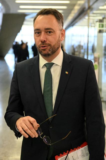 Belgium's Foreign Minister Maxime Prevot leaves after the meeting of NATO Ministers of Foreign Affairs at NATO headquarters in Brussels on December 3, 2025. (Photo by NICOLAS TUCAT / AFP)
