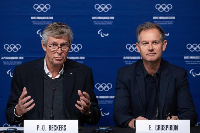 Pierre-Olivier Beckers Vieujant (L), head of the IOC Coordination Commission for the 2030 Winter Olympics in France, and Edgar Grospiron (R), former Olympic skiing champion and President of the Coordination Commission for the 2030 Winter Olympics in France, answer journalists during a press conference of the Coordination Committee for the 2030 French Alps Winter Olympics in Le Grand Bornand, central eastern France, on December 3, 2025.
ARNAUD FINISTRE / AFP (Photo by ARNAUD FINISTRE / AFP)
