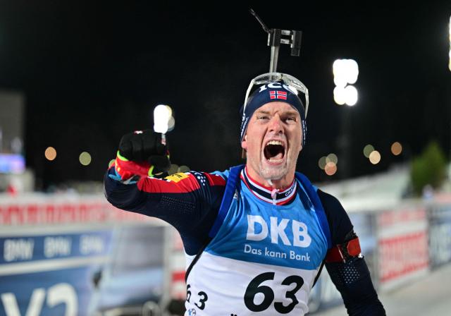Norway's Johan-Olav Botn reacts after the men's 20 km individual competition of the IBU Biathlon World Cup in Oestersund, Sweden on December 3, 2025. (Photo by Hanna BRUNLOF / TT NEWS AGENCY / AFP) / Sweden OUT