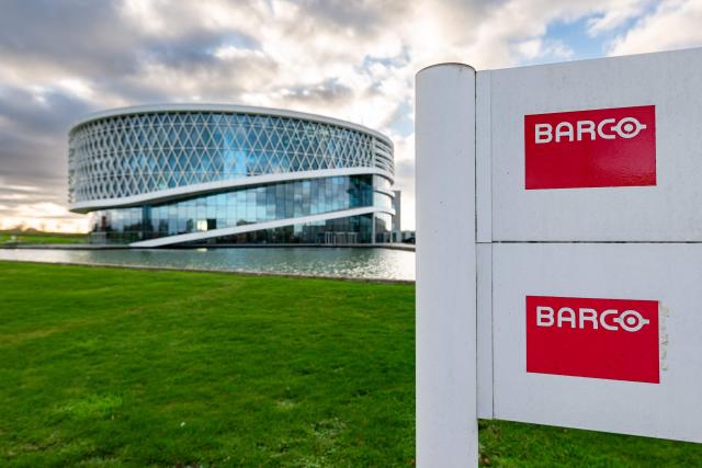 This photograph shows a general view of the Barco technology firm headquarters, in Kortrijk on December 3, 2025. (Photo by KURT DESPLENTER / Belga / AFP) / Belgium OUT