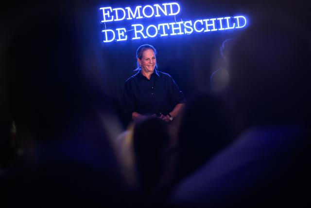 French Edmond de Rothschild group general director Ariane de Rothschild reacts during a press conference prior to the unveiling of the Ultim multihull Gitana 18 Maxi Edmond de Rothschild in Lorient, north-western France on December 3, 2025. (Photo by Loic VENANCE / AFP)