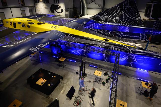 This photograph shows the Ultim multihull Gitana 18 Maxi Edmond de Rothschild after it was unveiled in Lorient, on December 3, 2025. (Photo by Loic VENANCE / AFP)