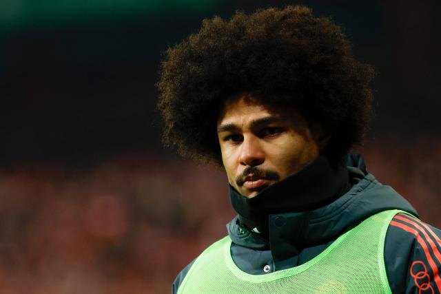 Bayern Munich's German forward #07 Serge Gnabry looks on during the German Cup (DFB-Pokal) round of 16 football match between 1 FC Union Berlin and FC Bayern Munich in Berlin on December 3, 2025. (Photo by Odd ANDERSEN / AFP) / DFB REGULATIONS PROHIBIT ANY USE OF PHOTOGRAPHS AS IMAGE SEQUENCES AND QUASI-VIDEO.