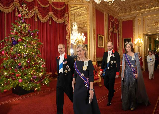 Britain's Prince Edward, Duke of Edinburgh (L) his wife Britain's Sophie, Duchess of Edinburgh, Britain's Prince William, Prince of Wales, his wife Britain's Catherine, Princess of Wales and Britain's Princess Anne, Princess Royal arive to  attend a State Banquet at Windsor Castle in Windsor, on December 3, 2025, the first day of a three day state visit by the German President. President Frank-Walter Steinmeier received a ceremonial welcome to Britain Wednesday as his state visit got into full swing -- the first by Germany's official head of state in 27 years. (Photo by CARLOS JASSO / POOL / AFP)