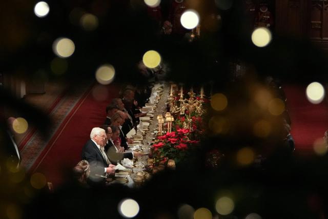 Germany's President Frank-Walter Steinmeier delivers a speech during a State Banquet at Windsor Castle in Windsor, on December 3, 2025, the first day of a three day state visit by the German President. President Frank-Walter Steinmeier received a ceremonial welcome to Britain Wednesday as his state visit got into full swing -- the first by Germany's official head of state in 27 years. (Photo by CARLOS JASSO / POOL / AFP)
