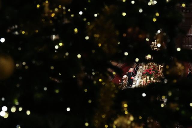Britain's King Charles III delivers a speech during a State Banquet at Windsor Castle in Windsor, on December 3, 2025, the first day of a three day state visit by the German President. President Frank-Walter Steinmeier received a ceremonial welcome to Britain Wednesday as his state visit got into full swing -- the first by Germany's official head of state in 27 years. (Photo by Aaron Chown / POOL / AFP)