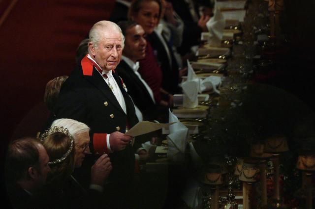 Britain's King Charles III delivers a speech during a State Banquet at Windsor Castle in Windsor, on December 3, 2025, the first day of a three day state visit by the German President. President Frank-Walter Steinmeier received a ceremonial welcome to Britain Wednesday as his state visit got into full swing -- the first by Germany's official head of state in 27 years. (Photo by Aaron Chown / POOL / AFP)
