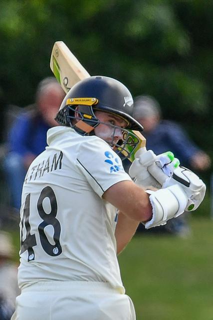New Zealand's Tom Latham bats during day three of the first Test cricket match between New Zealand and West Indies at Hagley Oval in Christchurch on December 4, 2025. (Photo by Sanka Vidanagama / AFP)