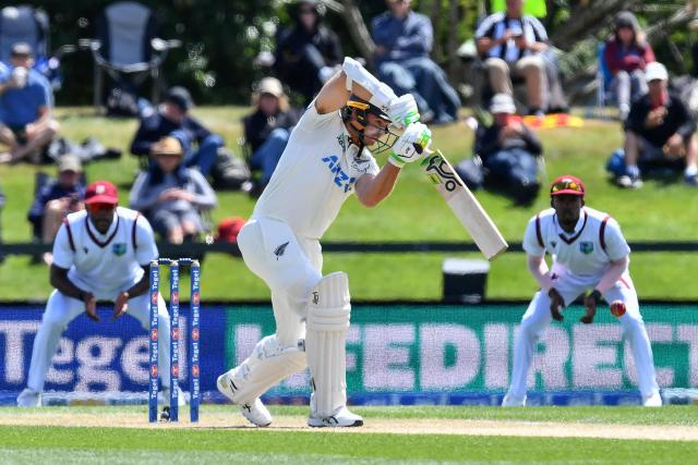 New Zealand's Tom Latham bats during day three of the first Test cricket match between New Zealand and West Indies at Hagley Oval in Christchurch on December 4, 2025. (Photo by Sanka Vidanagama / AFP)
